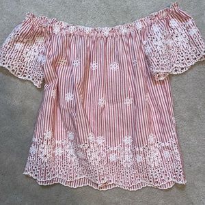 Striped Off-The-Shoulder Top with Eyelet Detailing
